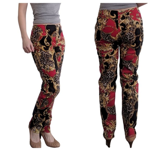 Boston Proper Red Print Pants Cotton Stretch 2 - Picture 1 of 8